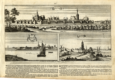 136042 Boven: Gezicht op de ommuurde stad Montfoort met links het kasteel en rechts de Janskerk, uit het noorden.Onder ...